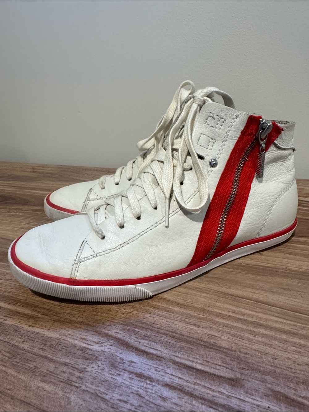 Diesel Beach Pit W High Top Leather Sneakers White Red Zip Shoes EU 37 US 7